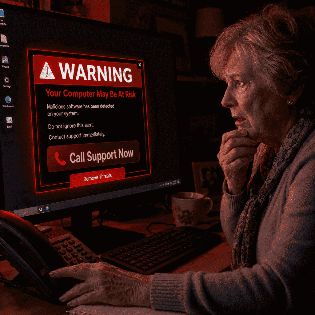Elderly Australian woman reaching for phone after seeing a fake virus warning pop-up scam on her computer screen